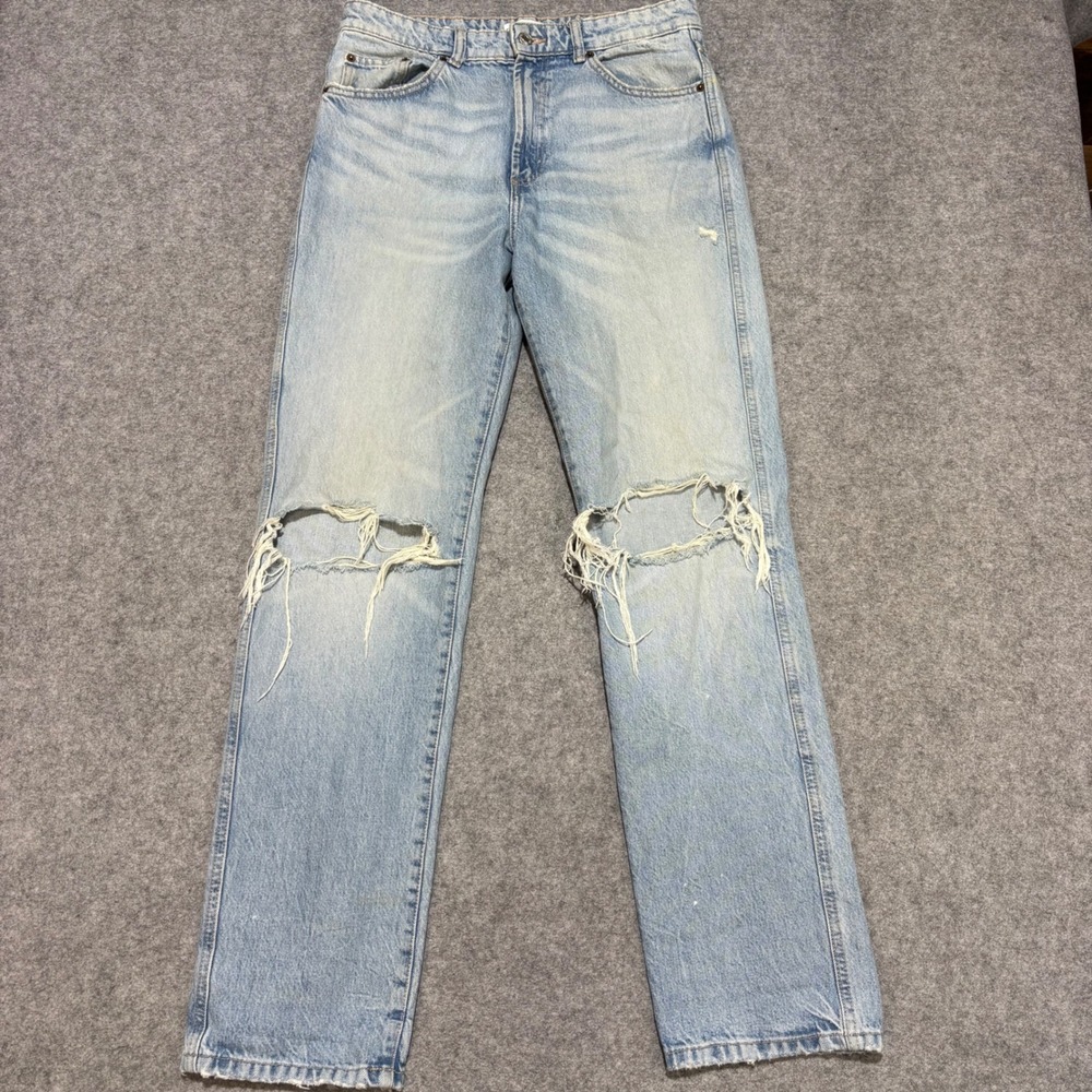 Zara Mens Distressed Straight Leg Jeans Light Wash Blue Size 30 0524